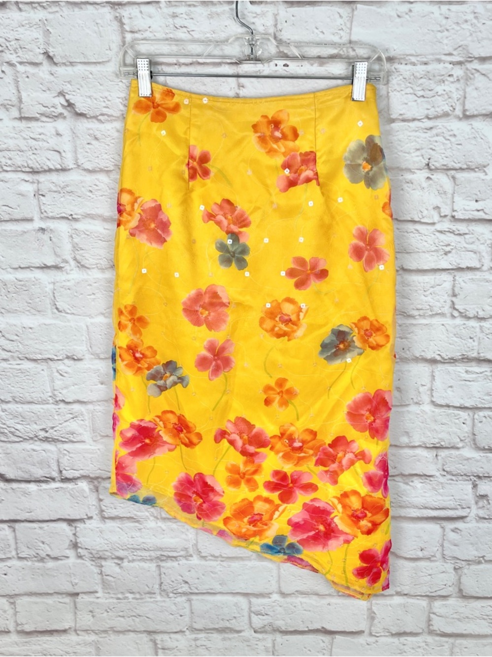 Jessica McClintock Vintage 90s Yellow Floral Sequin Asymmetrical Skirt Size 6